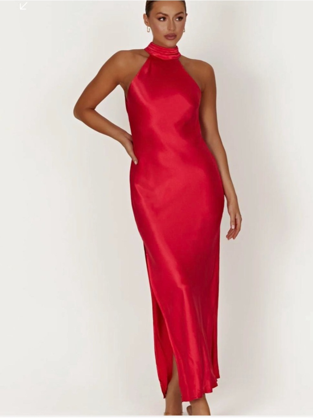 Meshki Red Satin Halter Maxi Dress